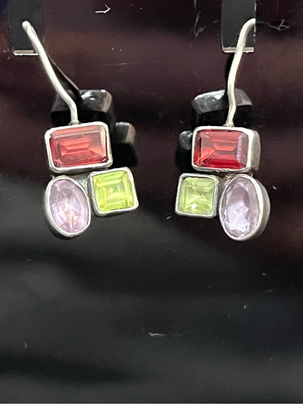 Handmade Sterling Silver Multi-Gem Drop Earrings - Ruby, Peridot, Amethyst